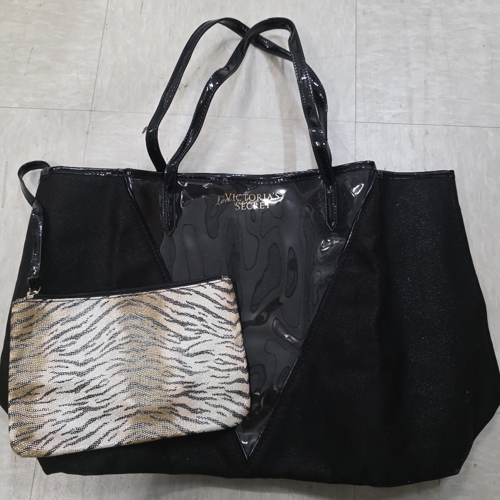 Victoria's Secret Black Tote with Leopard Zebra Print Pouch